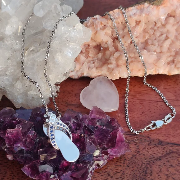 ✨14k White Gold Flip Flop Pendant with Diamond Flower and Blue Sapphires✨ - Picture 2 of 3